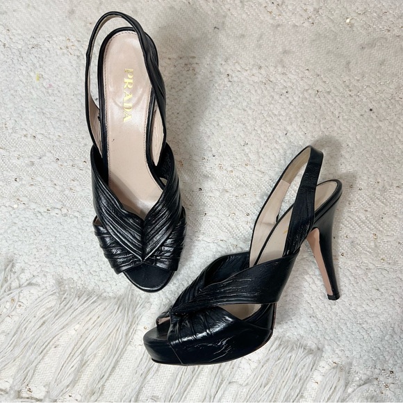 Prada Shoes - Prada Heels Black Leather Peep Toe Slingback Platform Stiletto High Heels 6.5